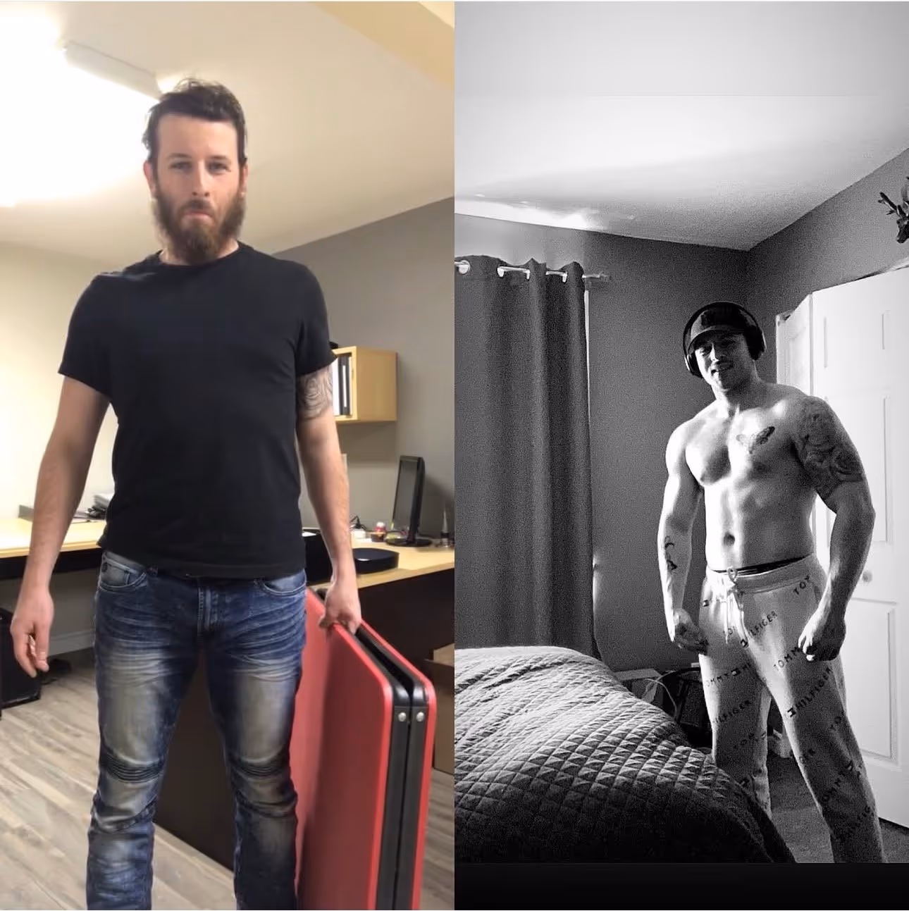 Transformation d’un homme – avant et après : à gauche en vêtements décontractés tenant une table rouge pliée, à droite torse nu portant des écouteurs – perte de poids et remise en forme avec Coach Getfit Québec.