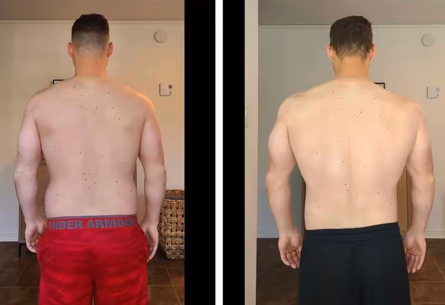 Vue de dos – transformation masculine : à gauche torse nu portant un short rouge, à droite un short noir, montrant une meilleure définition musculaire – résultats d’entraînement avec Coach Getfit Québec.