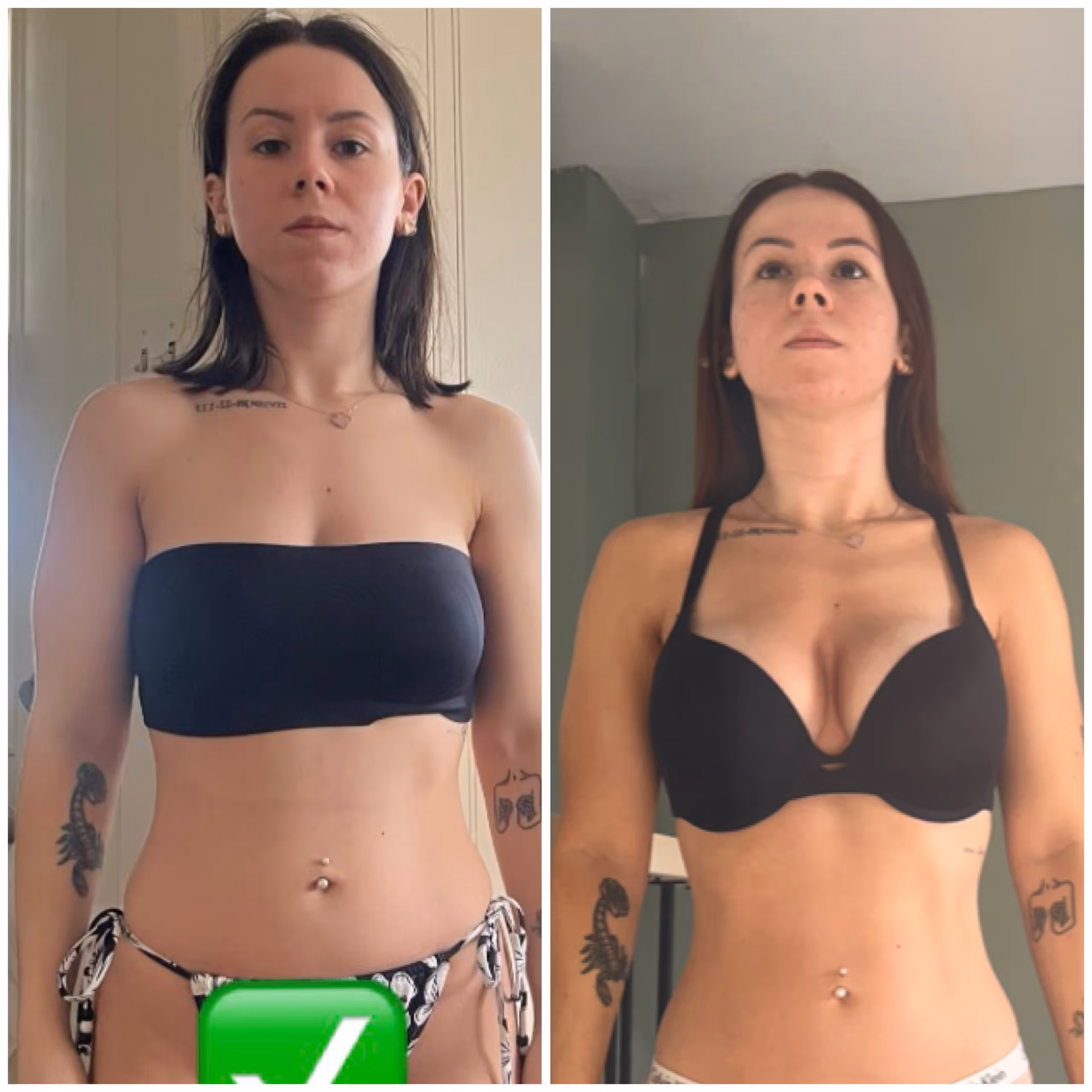 Transformation physique d’une femme – avant et après : à gauche en haut de bikini noir et culotte à motifs, à droite en soutien-gorge et sous-vêtements noirs montrant une taille plus tonique et des bras musclés – résultat d’un programme Coach Getfit à Québec.