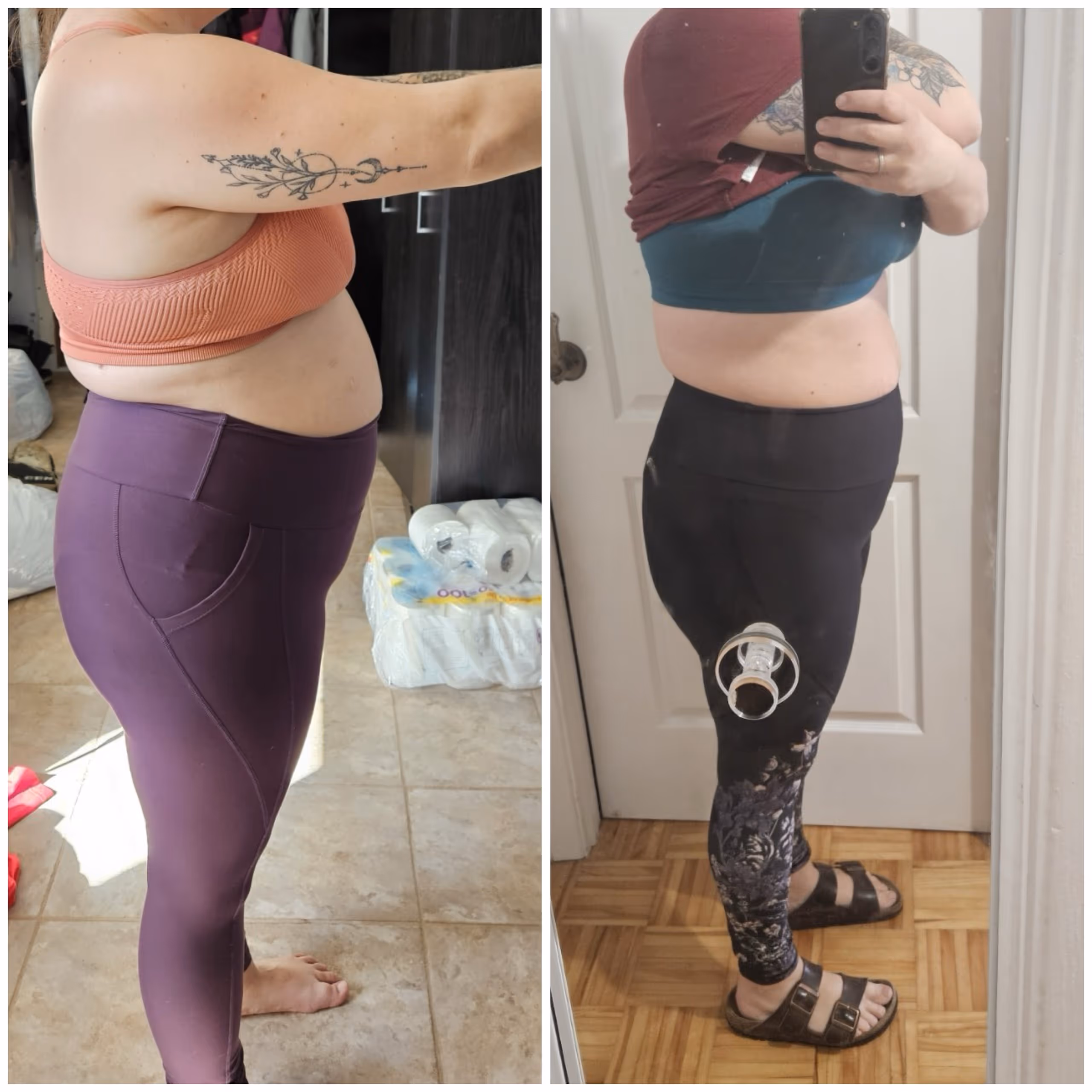 Comparaison avant/après d’une femme montrant le torse et les jambes : à gauche en legging mauve et brassière saumon, à droite en legging noir à motifs floraux et brassière turquoise – transformation corporelle Coach Getfit Québec.