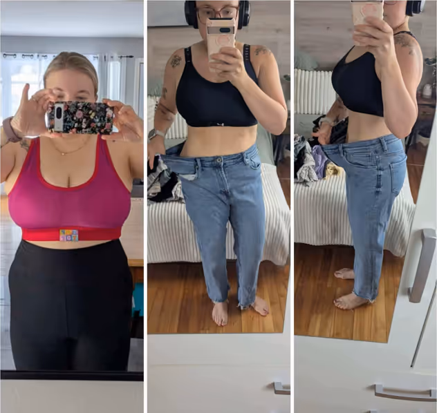 Photos côte à côte montrant une femme avant et après une perte de poids : à gauche, elle porte une brassière rose et un legging noir; au centre et à droite, elle porte une brassière noire et un jean trop grand qu’elle tient à la taille.