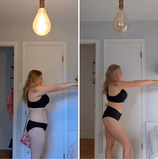 Comparaison côte à côte montrant une femme en sous-vêtements noirs effectuant un squat, avant et après sa transformation.