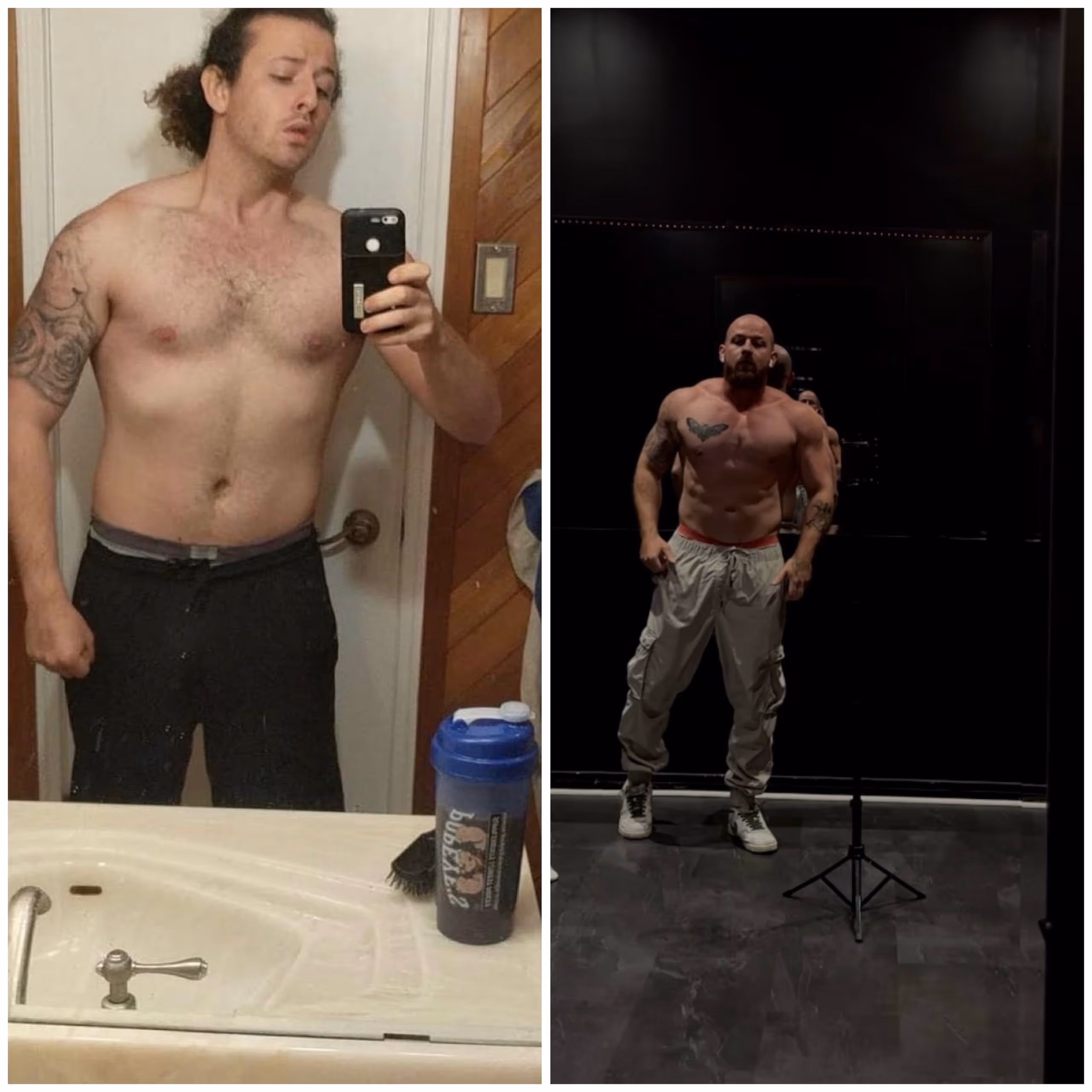 Images côte à côte d’un homme torse nu avant et après une prise de muscle : à gauche, un homme plus mince prenant un selfie dans une salle de bain; à droite, un homme musclé debout devant un fond sombre, portant un pantalon clair et des baskets blanches.