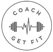 Circular fitness logo with a barbell and heartbeat line in the center, surrounded by the text 'Coach Get Fit'.