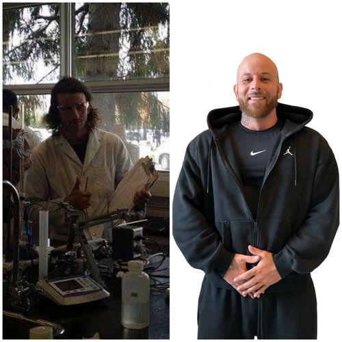 Left: man in a white lab coat holding a clipboard in a lab setting; Right: smiling bald man with beard wearing a black hoodie and black Nike shirt against a white background.