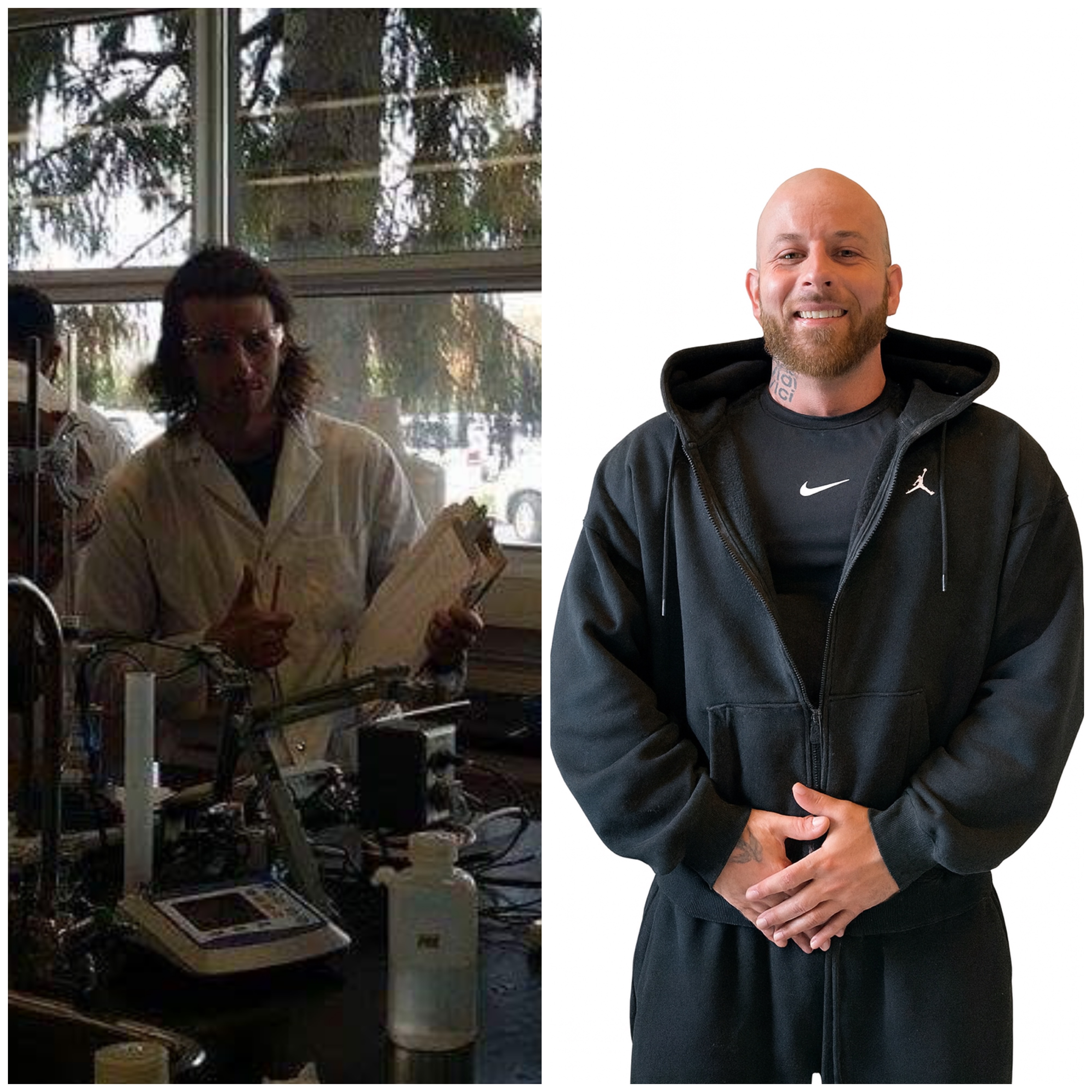 Left: man in a white lab coat holding a clipboard in a lab setting; Right: smiling bald man with beard wearing a black hoodie and black Nike shirt against a white background.