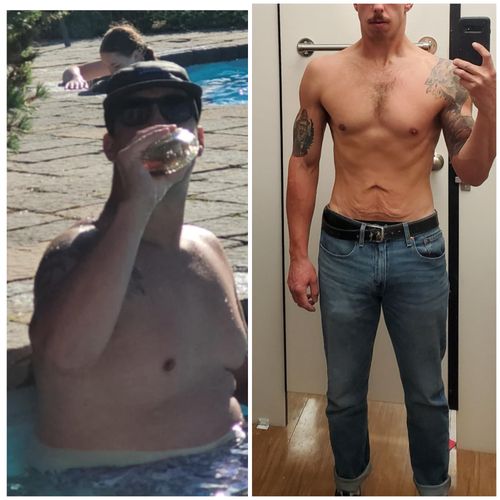 Side-by-side comparison of a shirtless man before and after weight loss, with the left image showing him drinking by a pool and the right image showing him taking a mirror selfie displaying a slimmer, muscular physique.