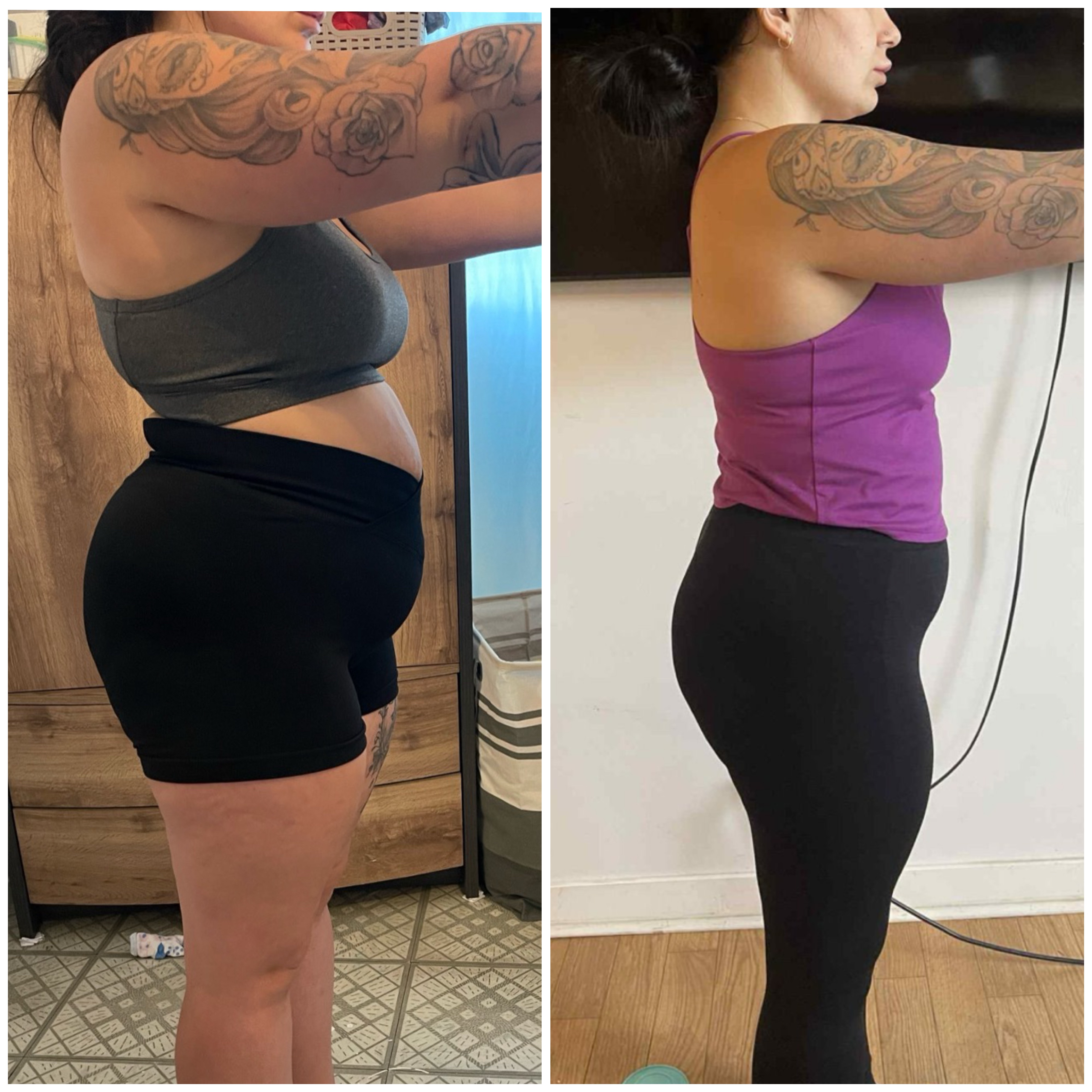 Side-by-side comparison of a woman showing body transformation wearing black shorts and a gray top on the left, and black leggings with a purple top on the right.