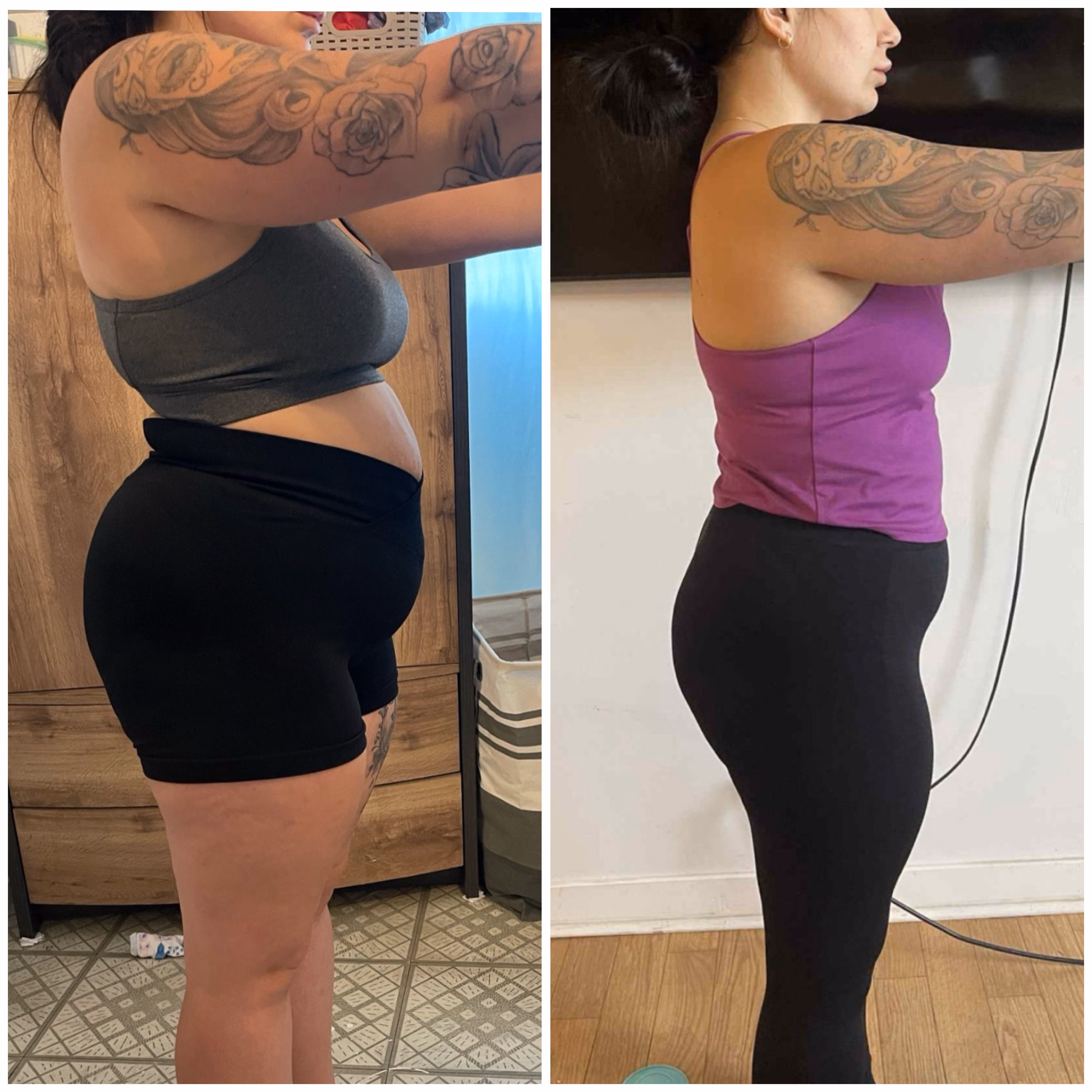 Side-by-side comparison of a woman showing body transformation wearing black shorts and a gray top on the left, and black leggings with a purple top on the right.