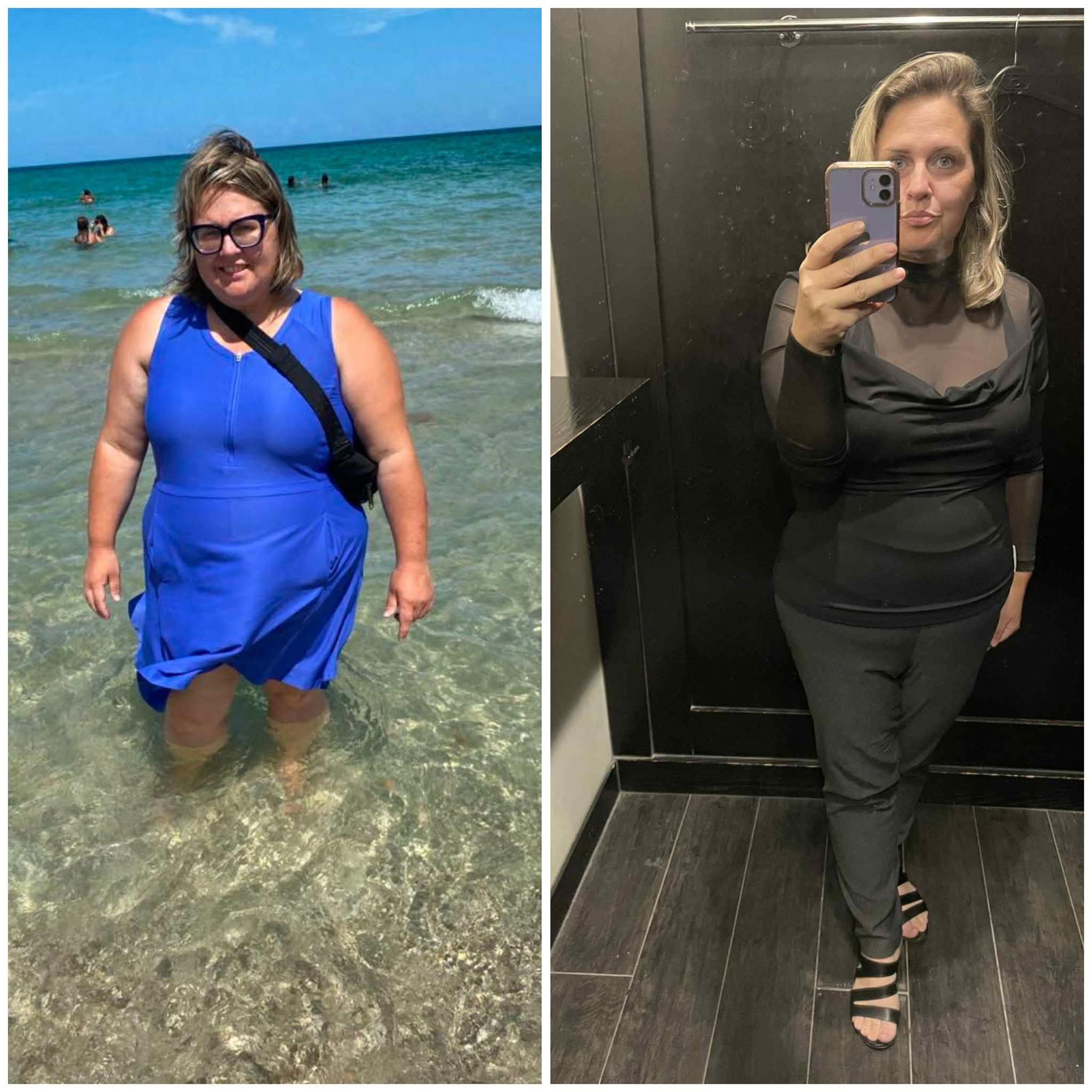 Side-by-side photos of a woman showing a weight loss transformation, standing in the ocean wearing a blue swimsuit on the left and taking a mirror selfie in black outfit on the right.