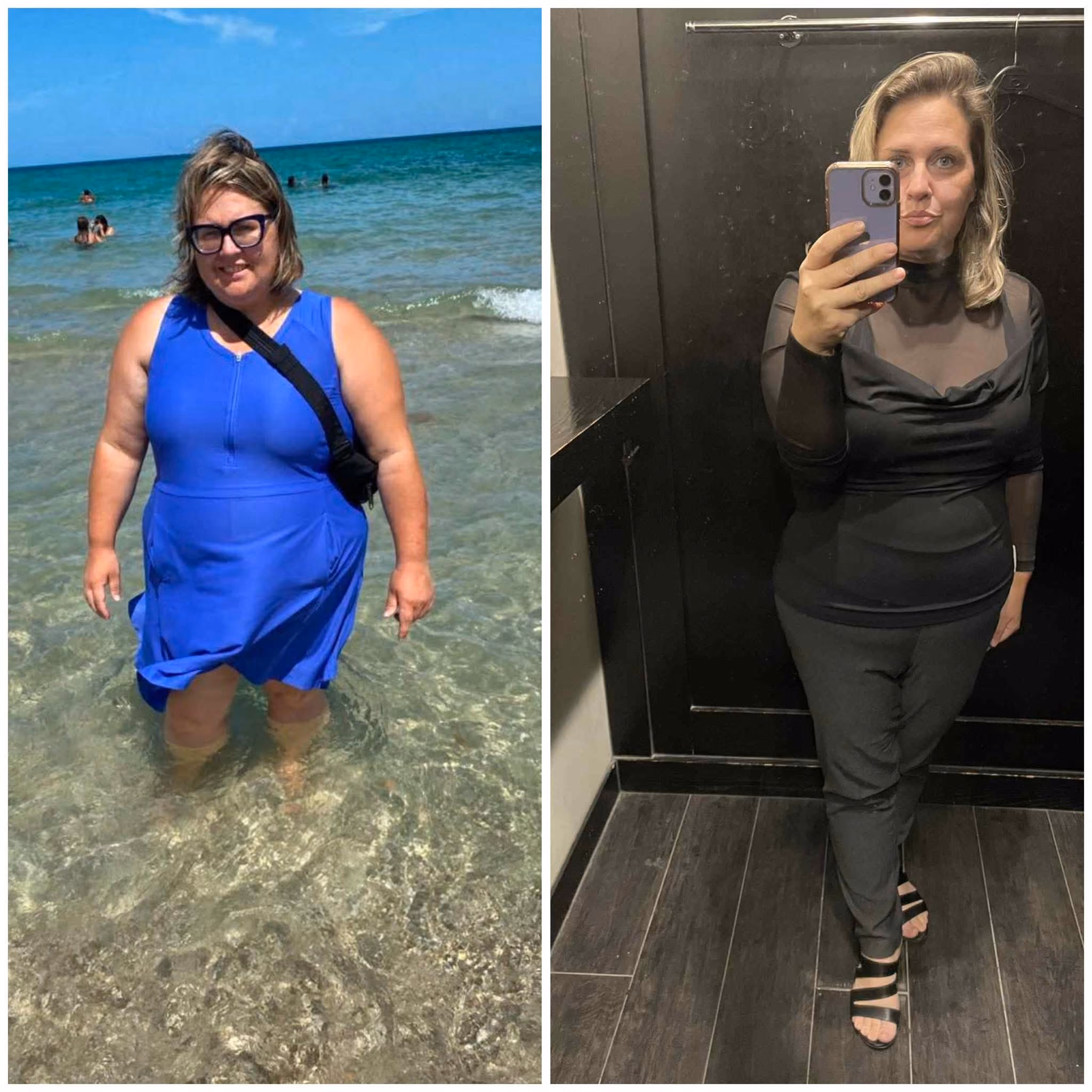 Side-by-side photos of a woman showing a weight loss transformation, standing in the ocean wearing a blue swimsuit on the left and taking a mirror selfie in black outfit on the right.