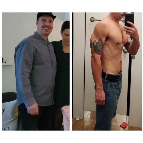 Side-by-side comparison of a man before and after weight loss; left image shows him with a fuller face and body wearing a long-sleeve shirt and cap, right image shows a shirtless, muscular man with tattoos on his arm taking a mirror selfie in jeans.