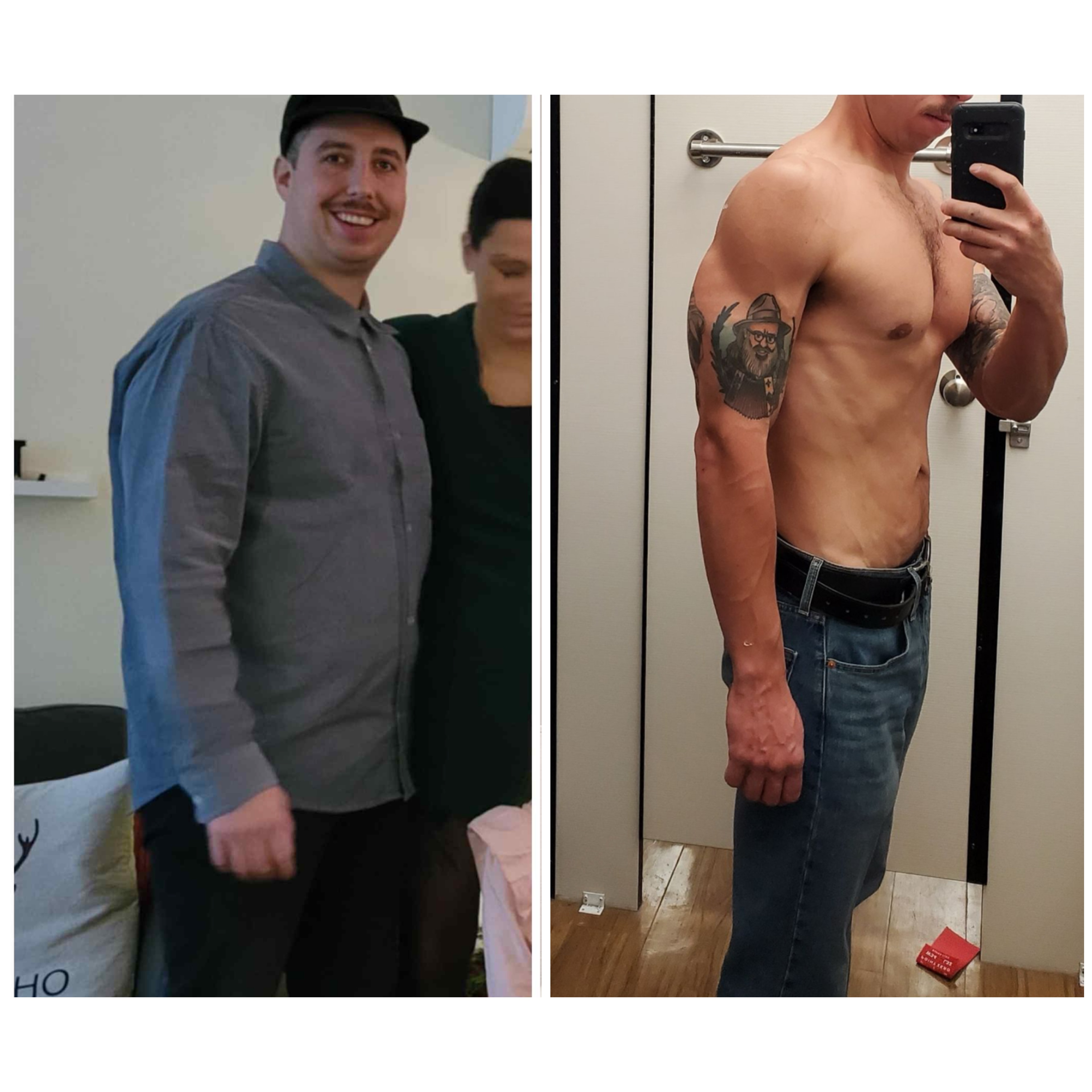 Side-by-side comparison of a man before and after weight loss; left image shows him with a fuller face and body wearing a long-sleeve shirt and cap, right image shows a shirtless, muscular man with tattoos on his arm taking a mirror selfie in jeans.