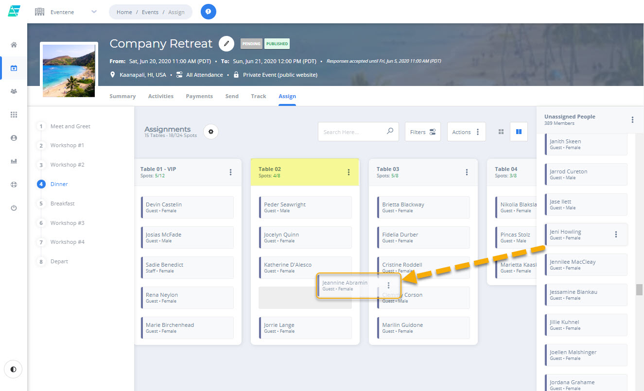 Screenshot from Eventene Event Assignments Page