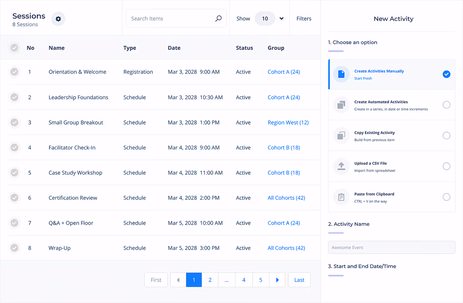 User interface showing a list of eight scheduled sessions with details including name, type, date, status, and group, alongside options to create or upload new activities.