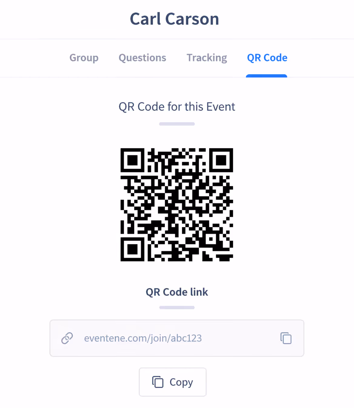 QR code for an event hosted by Carl Carson with link eventene.com/join/abc123 and a copy button.