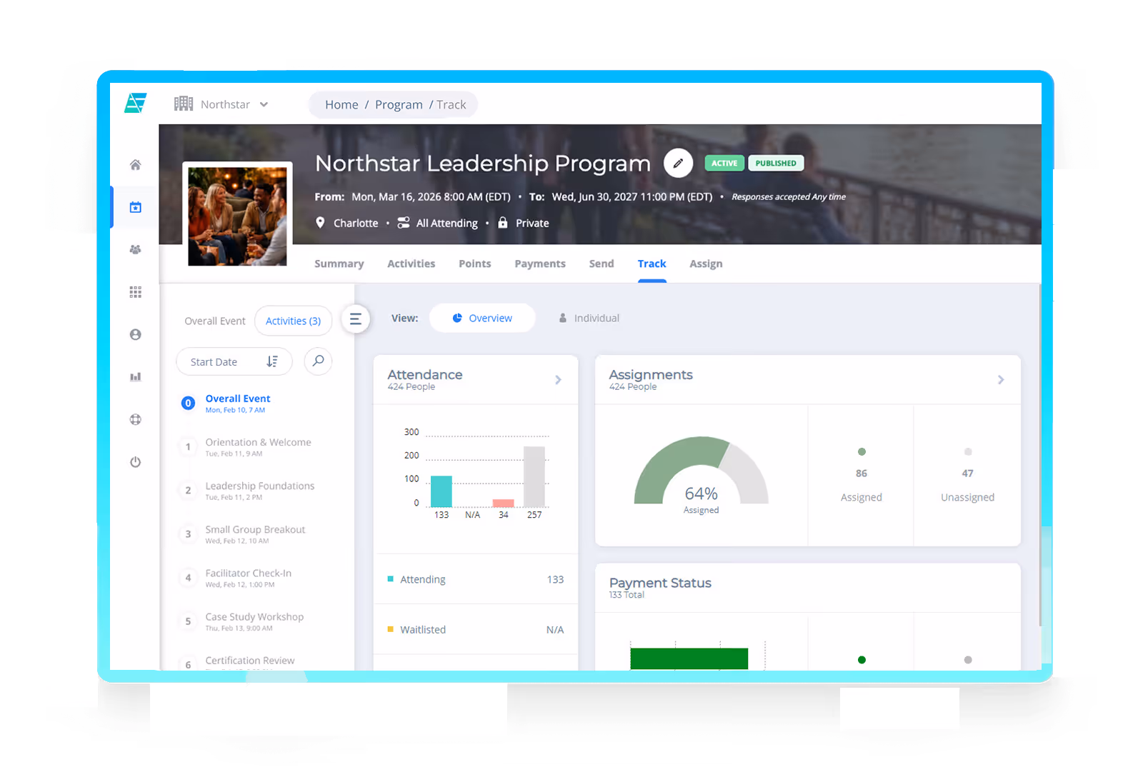Dashboard displaying Northstar Leadership Program details with attendance, assignments, and payment status metrics.