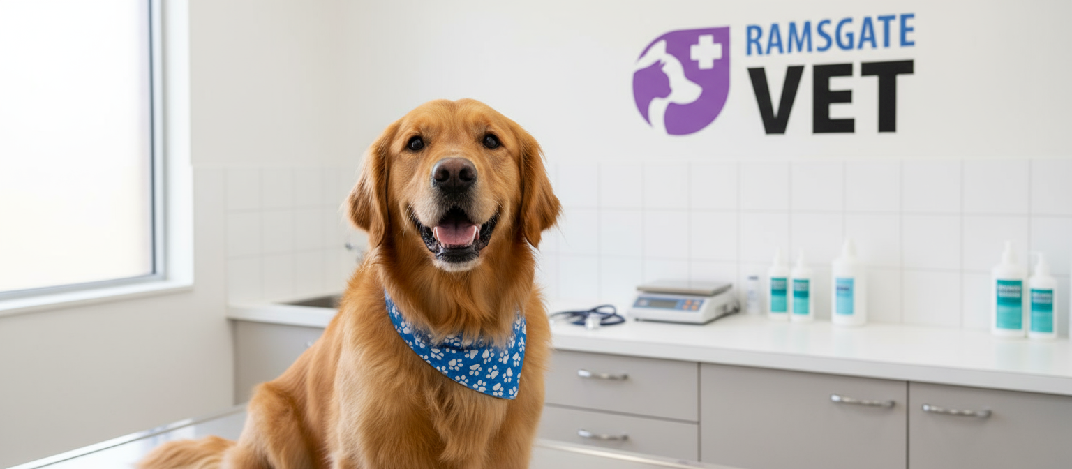 A smiling golden retriver awaiting blood test treatments at Ramsgate Vet NSW