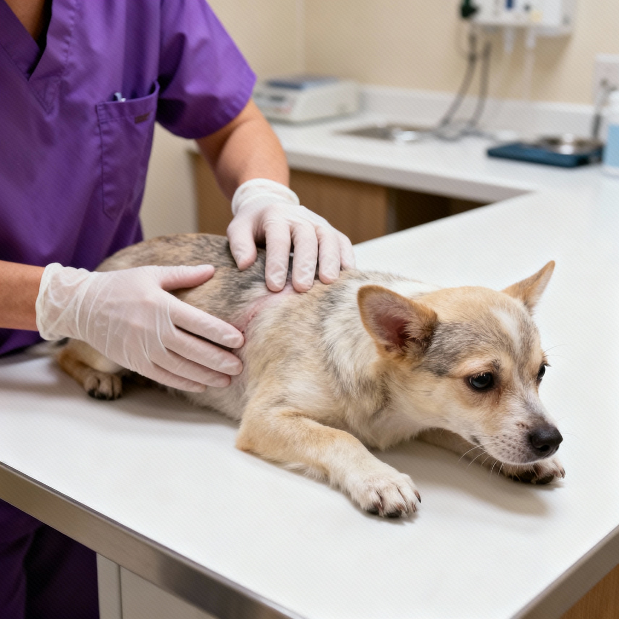 A small mix breed dog receiving checkup from a vet at Ramsgate NSW