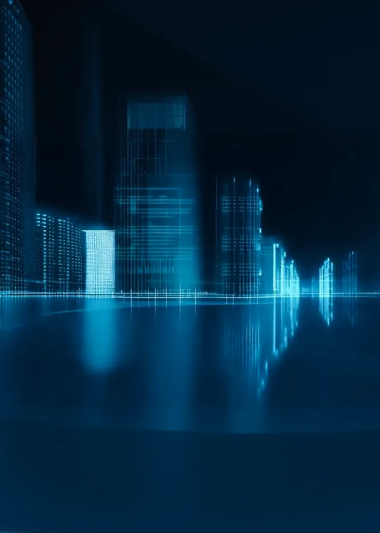 Blue digital wireframe of city skyline with reflections on a smooth surface.