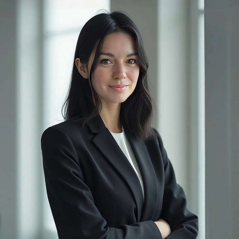 Confident young woman with dark hair wearing a black blazer and white top standing with arms crossed by a window.