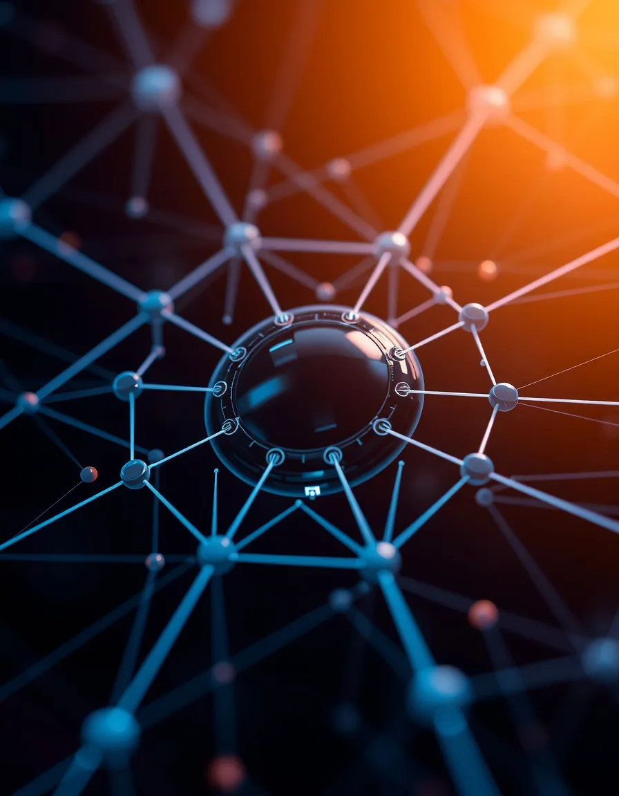 Close-up of a digital molecular structure with interconnected blue nodes and a central dark spherical core illuminated by orange light.