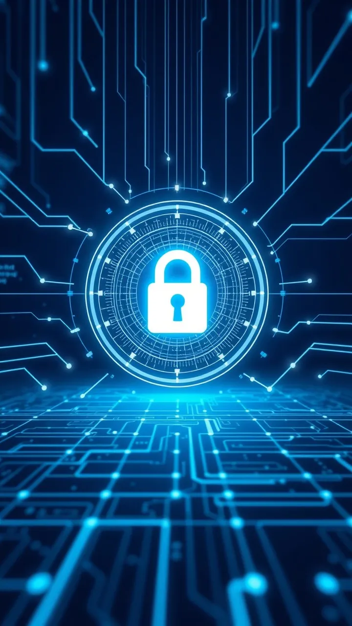 Digital lock icon surrounded by glowing blue circuit lines representing cybersecurity and data protection.