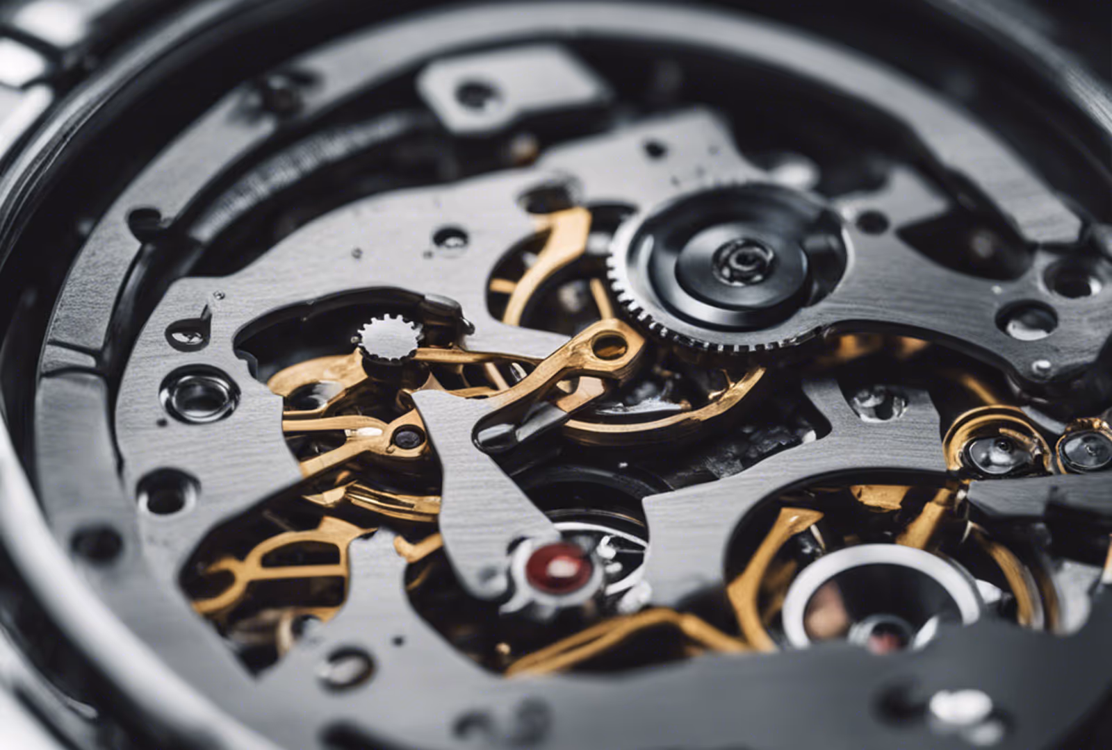 Close-up view of intricate watch gears and mechanical components in a wristwatch movement.