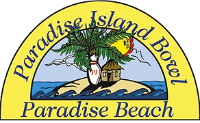 Logo showing a tropical island with a palm tree, a small hut, the letters 'PI' on the tree, and the text 'Paradise Island Bocar Paradise Beach' on a yellow background.