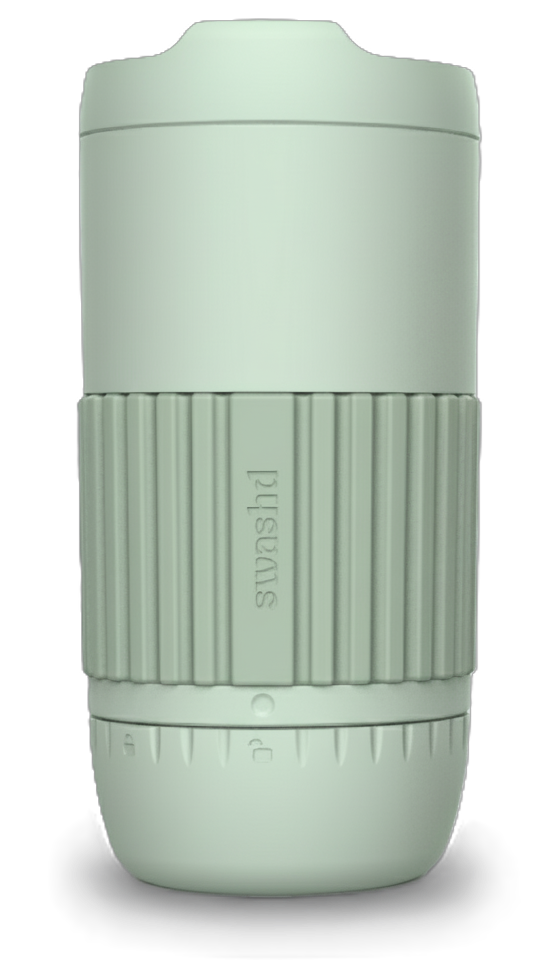 Light green reusable cup with a ribbed grip section and a rounded lid.