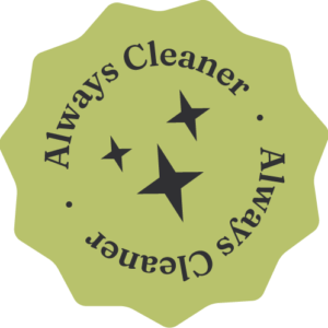 Green badge with three black stars and text reading 'Always Cleaner' in a circular pattern.