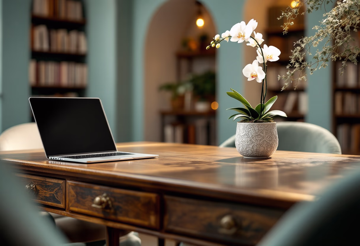 image of desk with a laptop and a plant (for a bookstore)