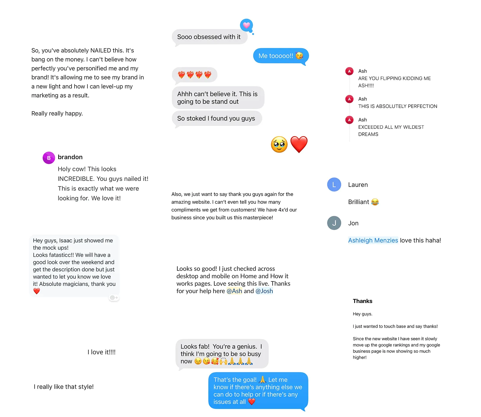 Collage of positive customer testimonials and chat messages praising a website redesign, featuring emojis and expressions of satisfaction and gratitude towards Pancake Web Studio.