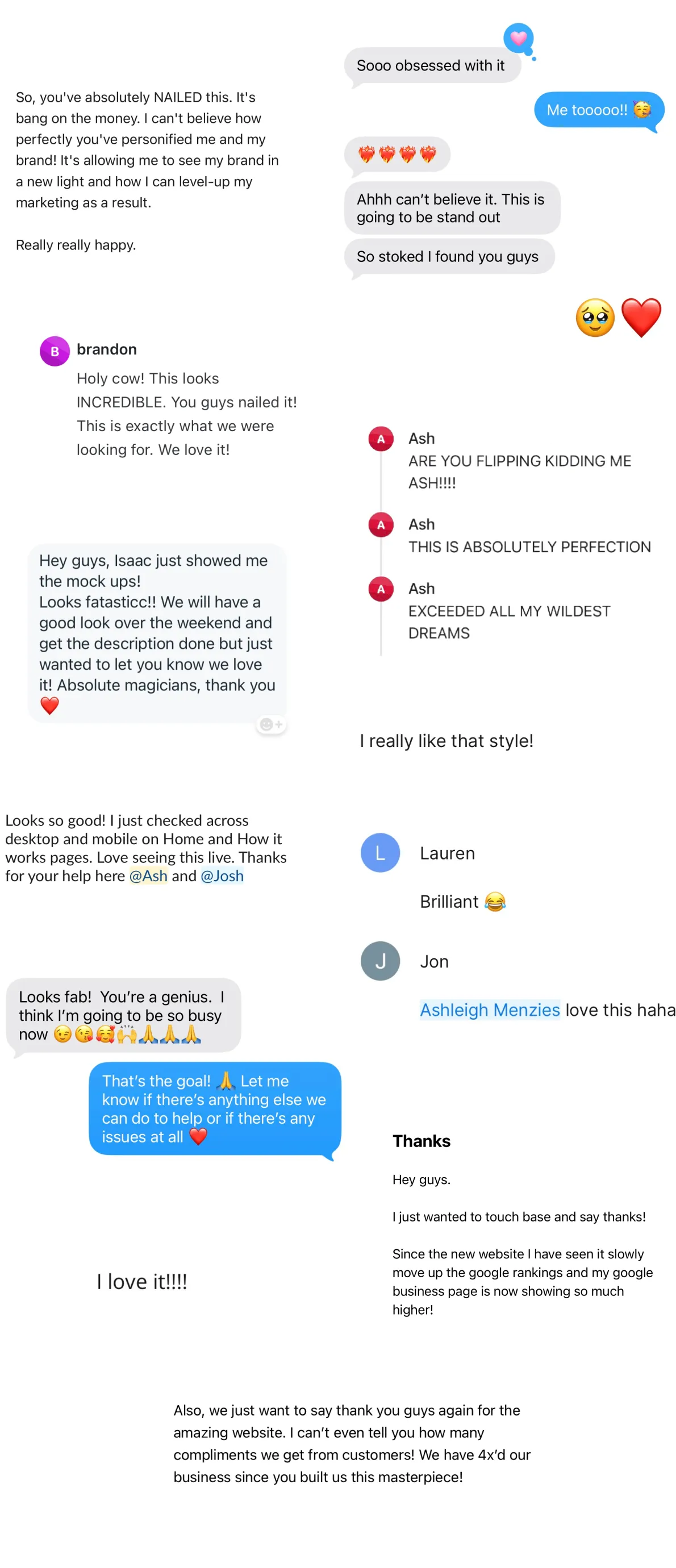 Collage of positive customer testimonials and chat messages praising a website redesign, featuring emojis and expressions of satisfaction and gratitude towards Pancake Web Studio.