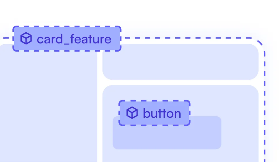 UI layout schematic highlighting reusable button components with dashed outlines and blue labels.
