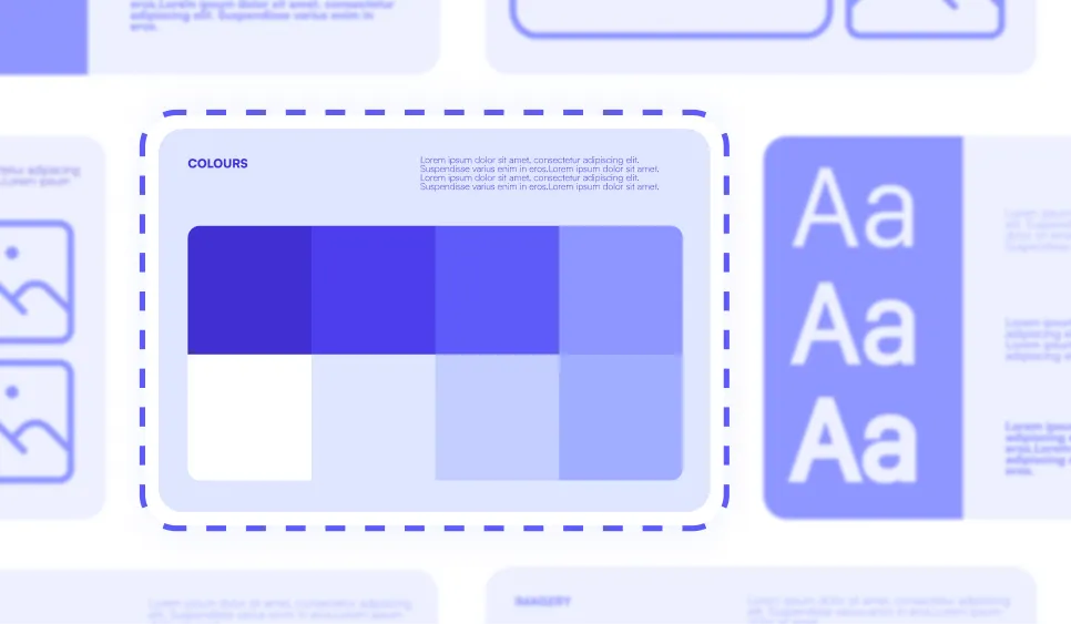 Brand guidelines showing a color grid with multiple shades labeled 'Colours'.