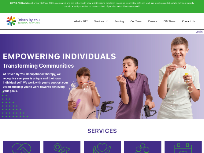 Three children, one using a wheelchair, smiling and blowing bubbles on a purple background with text about empowering individuals through occupational therapy.