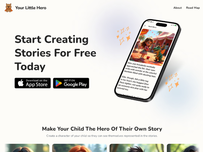 Mobile phone screen displaying an illustrated children's story with a girl and a green dinosaur toy, promoting the Your Little Hero app for creating personalized stories.