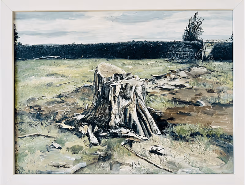 Painting of a large tree stump in a grassy field with a wire fence and hedges in the background under a cloudy sky.