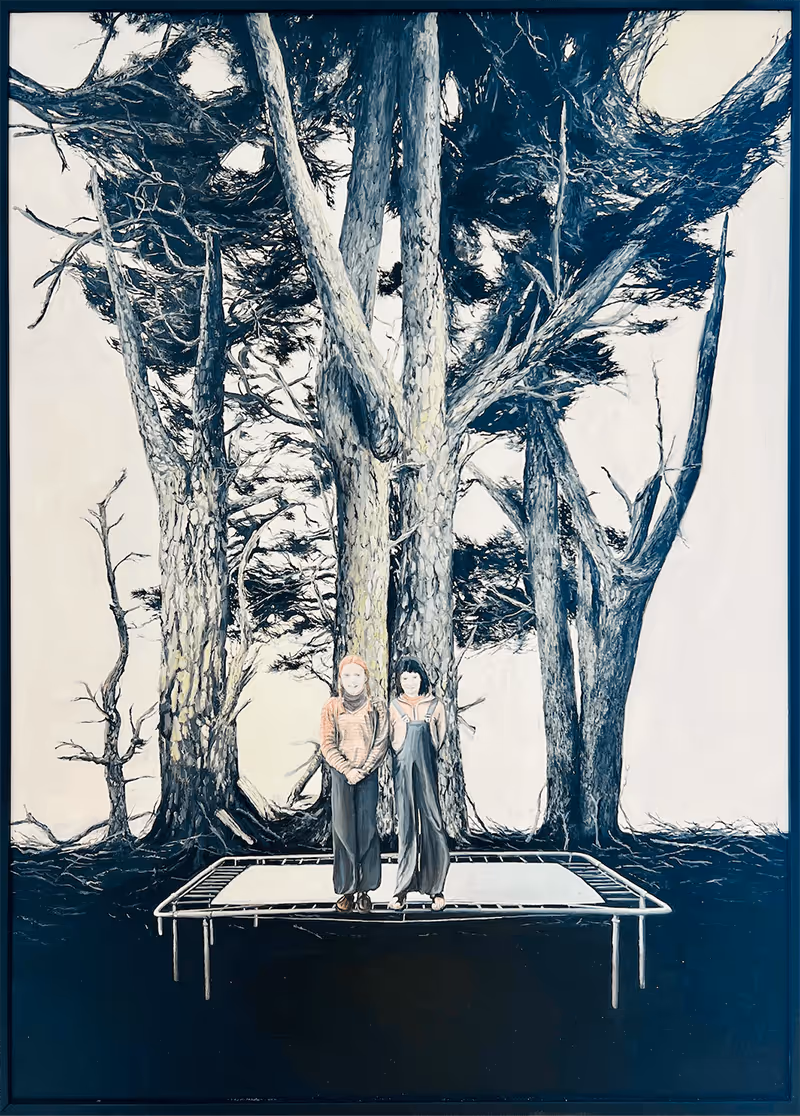 Painting of two girls standing on a trampoline in front of large dark trees with twisted branches.