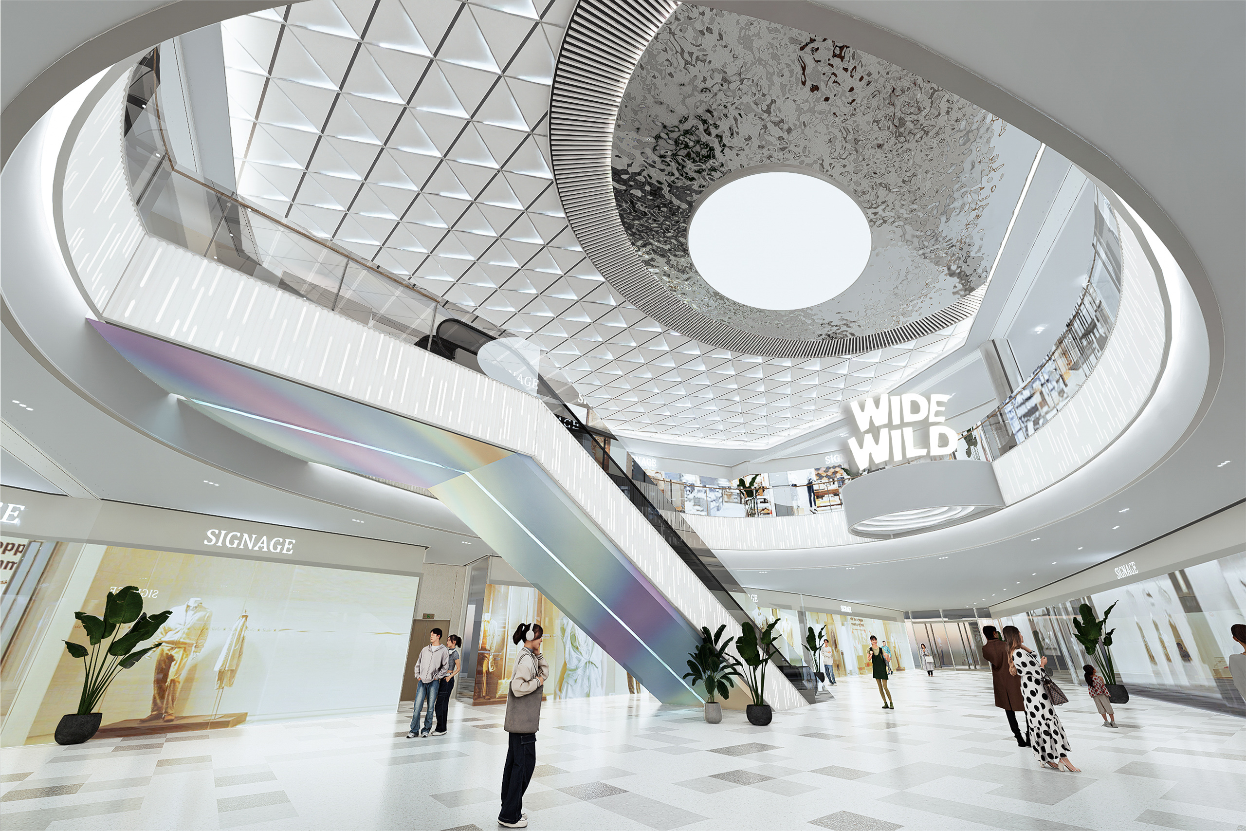 现代购物中心内，人们在明亮的走廊中行走，天花板装饰有圆环形灯光，商店包括Calvin Jeans和DISSONA。