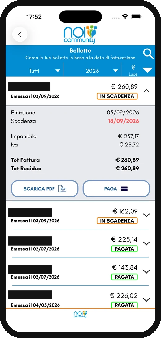 Schermata Bollette dell'app NoiCommunity