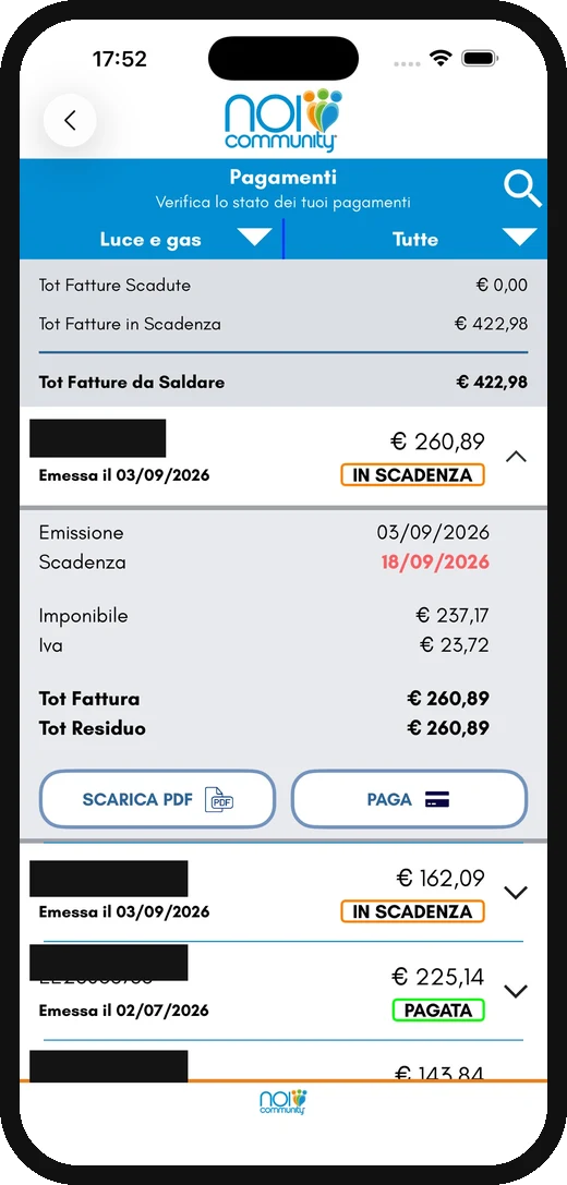 Schermata Pagamenti dell'app NoiCommunity