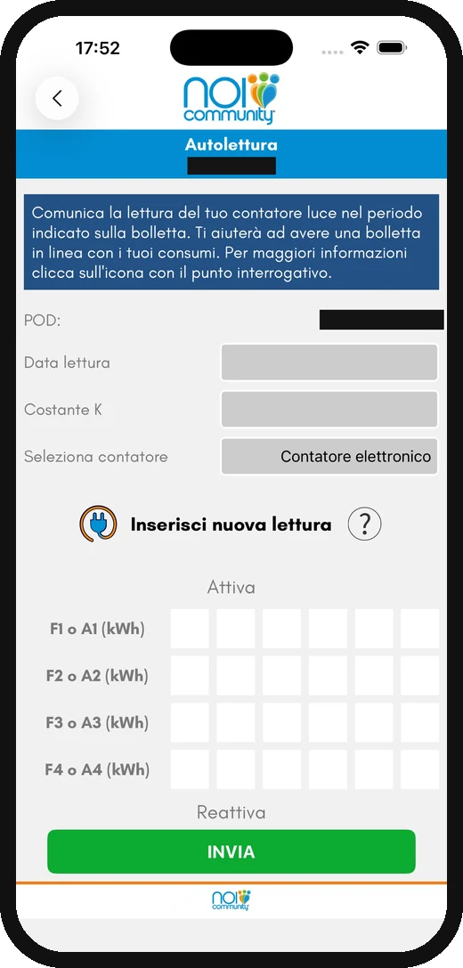 Schermata Autolettura dell'app NoiCommunity