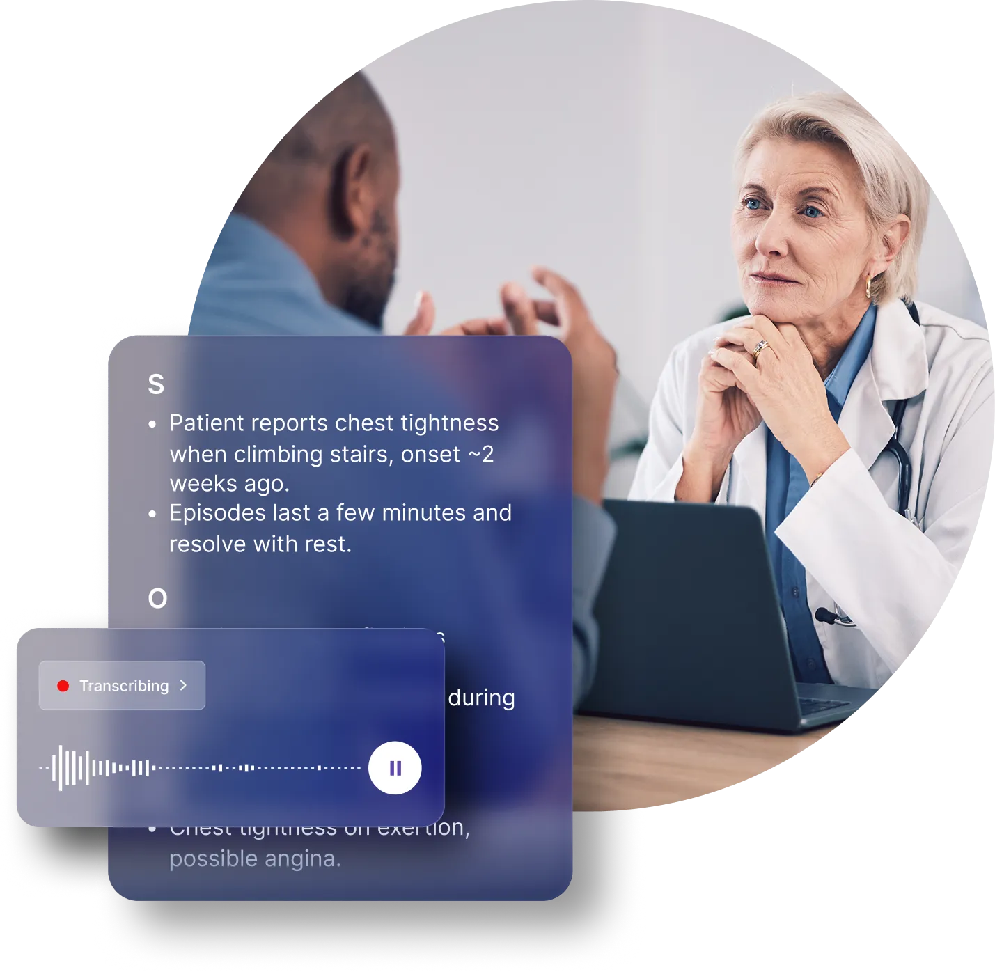 Clinician speaking with a patient while an AI scribe interface transcribes the visit