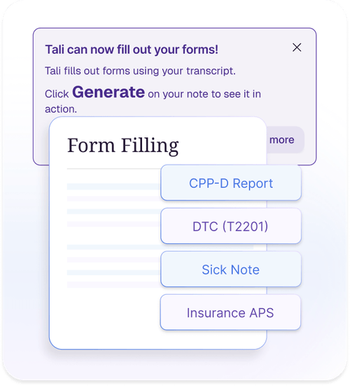 Form filling options in Tali showing supported clinical forms