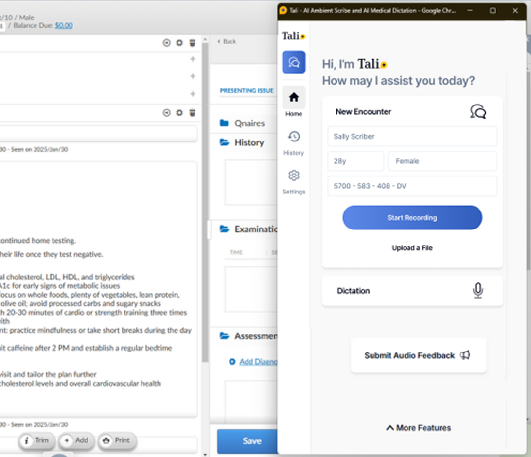 Patient chart in Collaborative Health Record with Tali assistant panel open for a new encounter