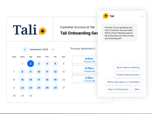 Tali customer support interface showing onboarding session scheduling and live chat options