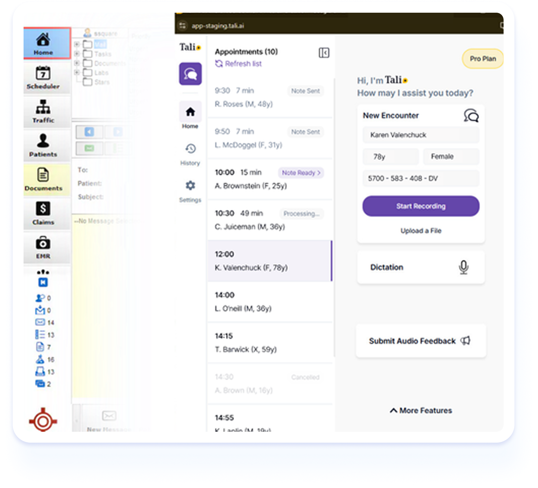 Accuro EMR homepage with Tali widget open showing appointment list and new encounter panel