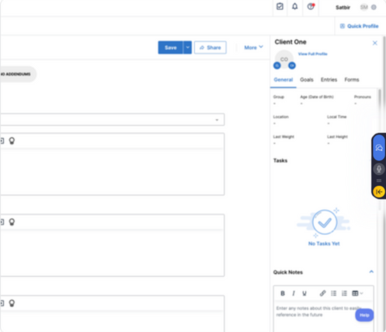 Healthie EMR client chart with Tali sidebar widget open ready to sign in